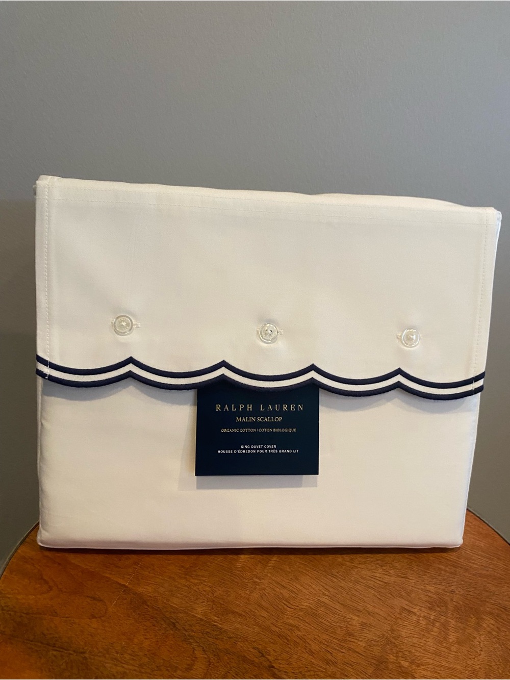 Ralph Lauren Organic Cotton White Duvet Cover with Navy Scalloped Trim